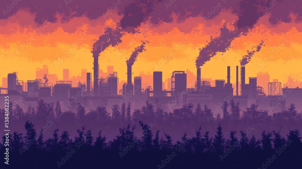 Fototapeta premium Sunset industrial pollution over city skyline