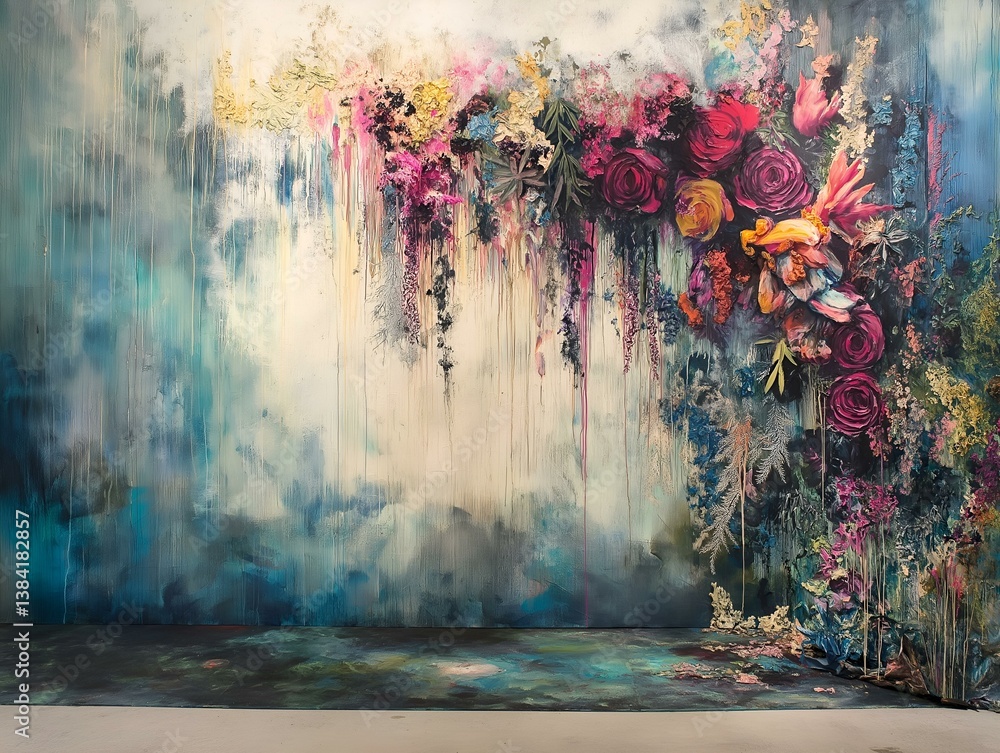 abstract floral landscape, muted blues and greens, flowing textures, dreamlike atmosphere abstract floral landscape, muted blues and greens, flowing textures, dreamlike atmosphere