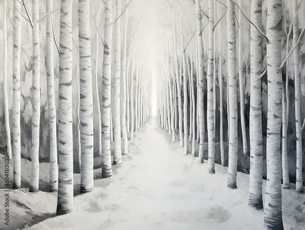 Fototapeta premium path through winter forest, white trees, snowy ground, mystical atmosphere, serenity