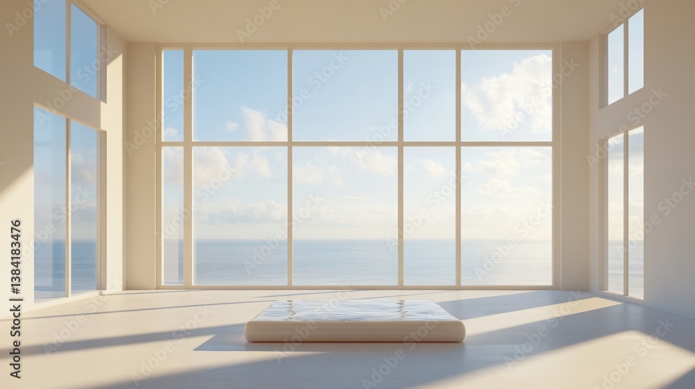 Fototapeta premium Minimalist ocean-view room, sunrise, platform, interior design
