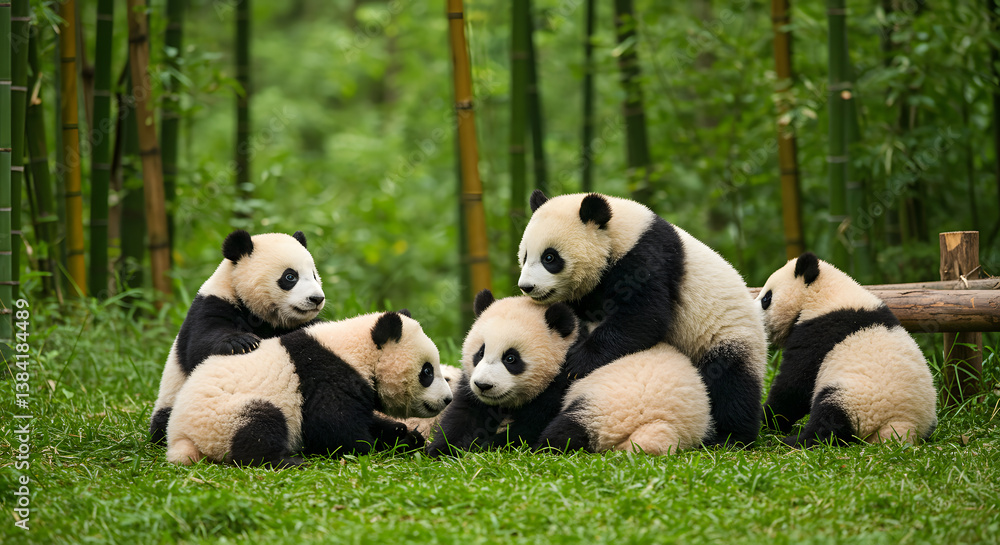 A group of adorable panda cubs gather together in a bamboo forest, showcasing their fluffy white fur and black markings. A group of adorable panda cubs gather together in a bamboo forest, showcasing their fluffy white fur and black markings.