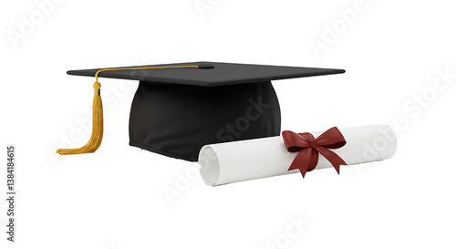 graduation hat and diploma on white background 