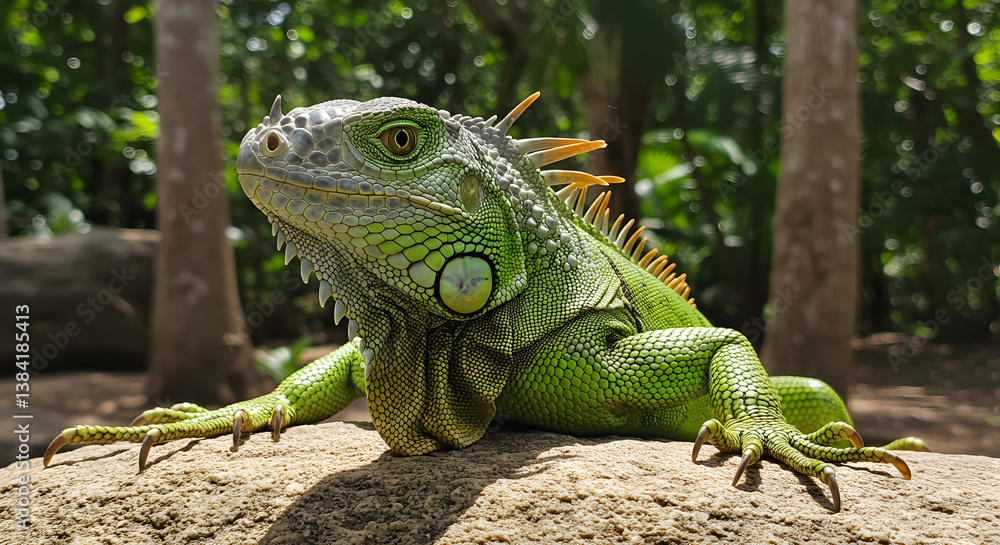 A vibrant green iguana rests on a textured rock, showcasing its intricate scales and spiky crest in a lush forest setting. A vibrant green iguana rests on a textured rock, showcasing its intricate scales and spiky crest in a lush forest setting.