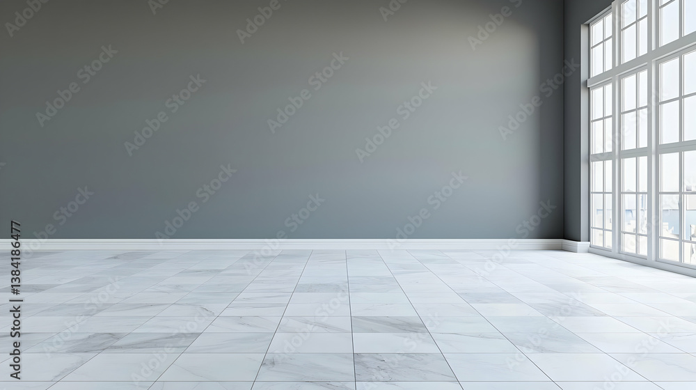 Empty Modern Room With Gray Walls White Marble Floor And City View Windows Empty Modern Room With Gray Walls White Marble Floor And City View Windows
