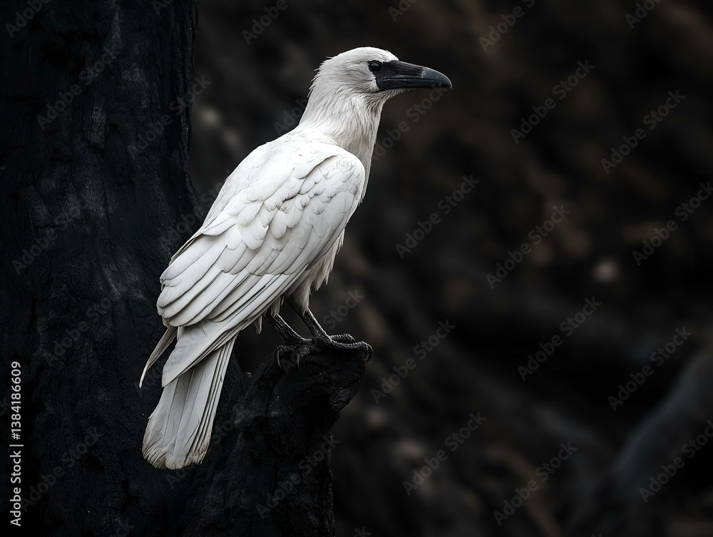 Fototapeta premium white bird on dark wood, monochrome photography, dramatic lighting, nature scene