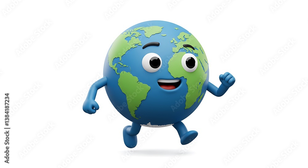Obraz premium globe earth running for healty life cartoon animated