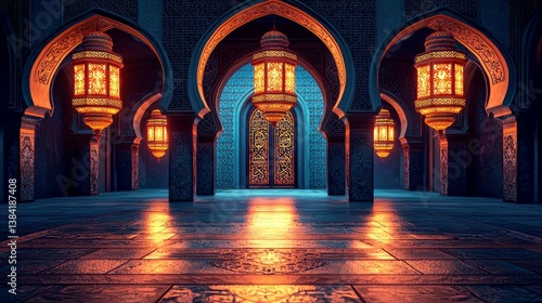 Majestic Islamic Architecture: Grand Mosque Interior with Ornate Details