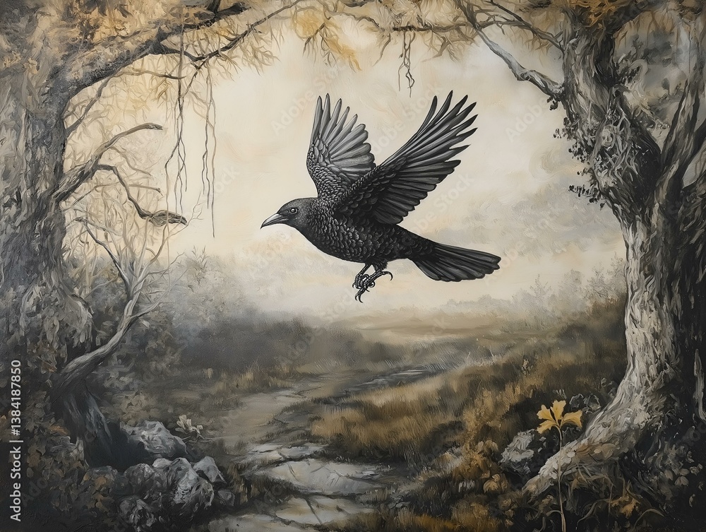 Fototapeta premium bird flying, dark forest, misty atmosphere, tranquil scene, nature photography