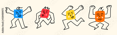 Abstract comic Faces with various emotions and poses. Different colorful characters in cartoon style and flat design. Vector Illustration 