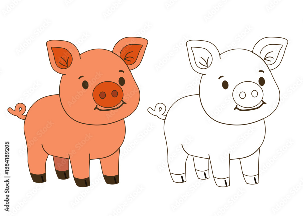 Fototapeta premium Flat style illustration of a smiling piglet with a coloring page version, perfect for childrens books, educational materials, and farm-themed design projects.