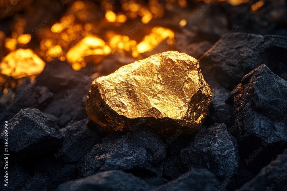 Gold nugget nestled amongst dark, coal-like rocks. Fiery glow in the background Gold nugget nestled amongst dark, coal-like rocks. Fiery glow in the background
