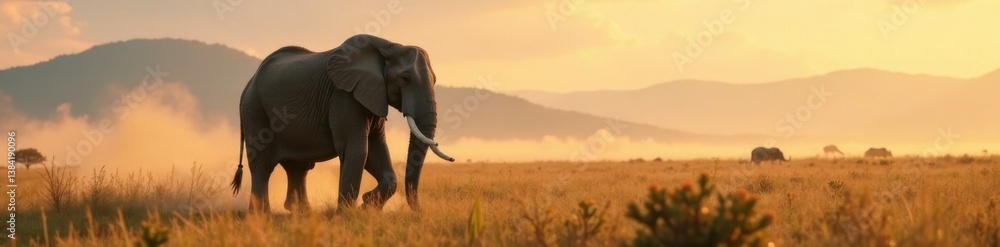 Obraz premium Majestic elephant walks through misty savannah, wildlife, wild