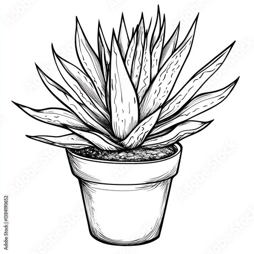 A detailed line drawing illustrating a potted aloe vera plant