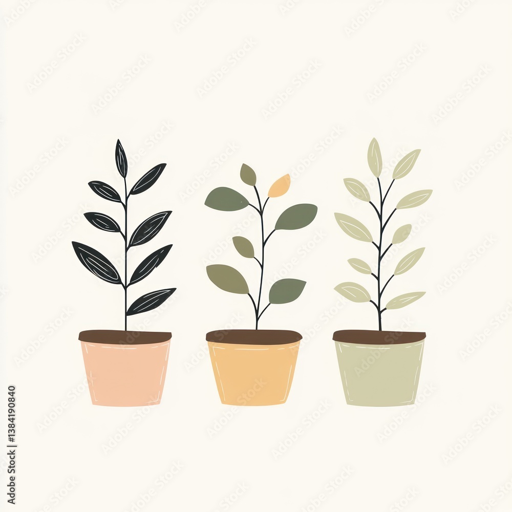 Three stylized potted plants are featured with decorative foliage designs Three stylized potted plants are featured with decorative foliage designs