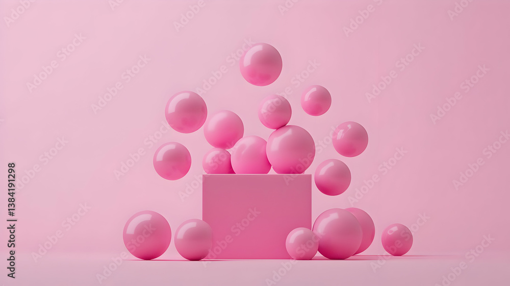 Pink Geometric Display With Floating Balls