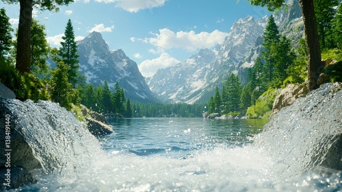 Majestic Mountain Lake and Waterfall Landscape: Serenity in Nature