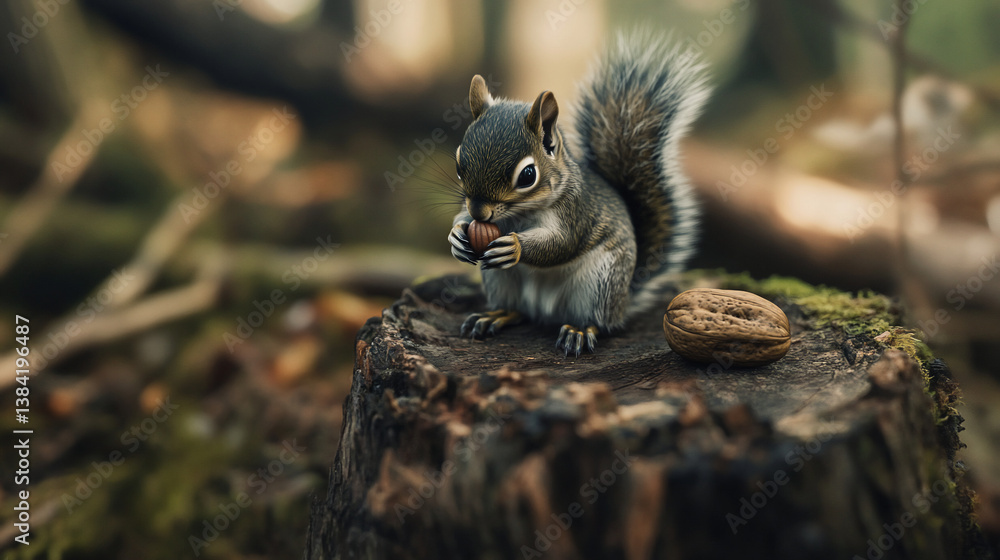 Obraz premium Squirrel eating nut on stump (1)