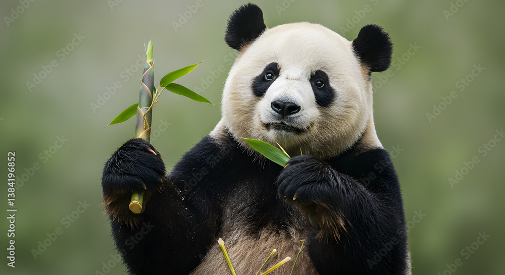 A majestic black and white panda bear holds a bamboo stalk, showcasing its unique markings against a blurred green background. A majestic black and white panda bear holds a bamboo stalk, showcasing its unique markings against a blurred green background.