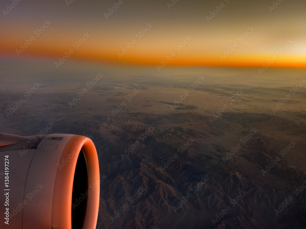 Looking out the window of an airplane with partial wing and engine view with dramatic landscape and sky