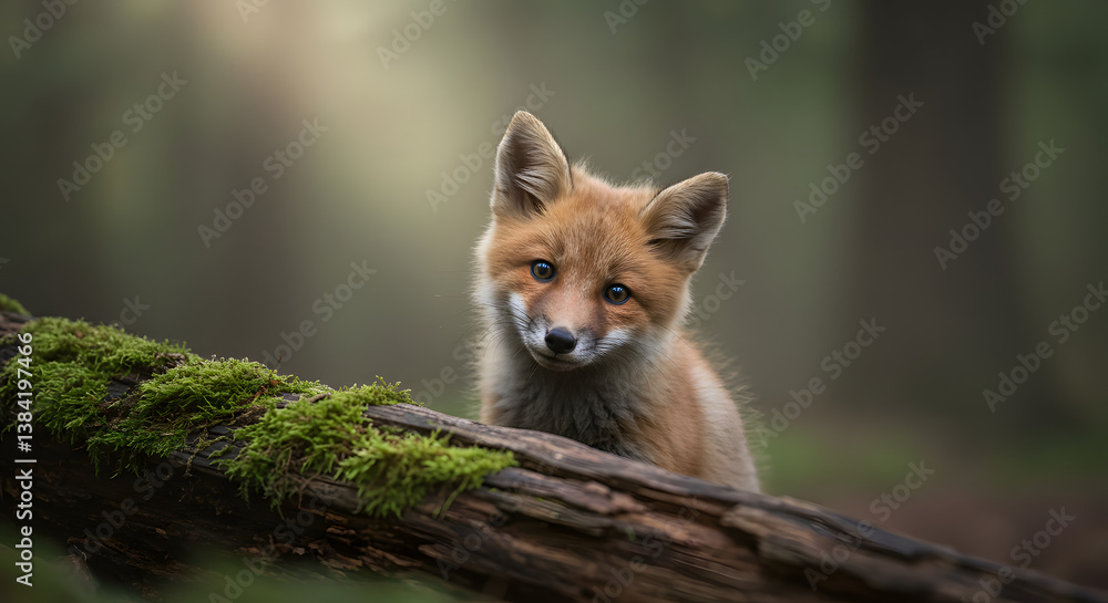 A cute fox kit peeks from behind a mossy log in a forest, creating a soft, blurred background. A cute fox kit peeks from behind a mossy log in a forest, creating a soft, blurred background.