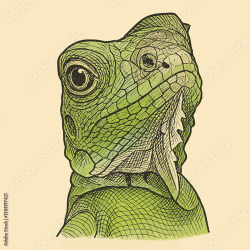 Green Iguana Drawing Detailed Reptile Portrait Illustration Animal Artwork
