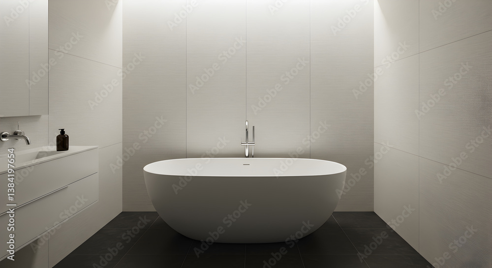 Fototapeta premium Minimalist Bathroom Interior Design Featuring Sculptural Tub and Linen Textured Walls