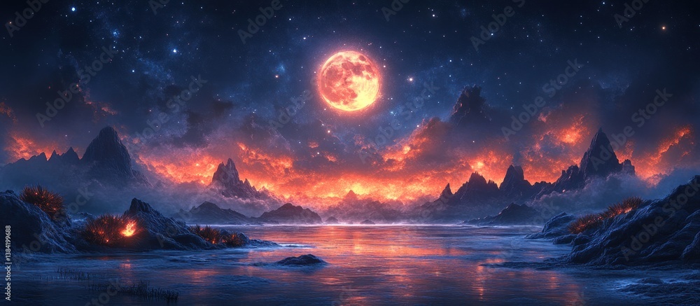 Fiery sunset over serene lake, mountains reflecting in water under a giant moon and starry sky Fiery sunset over serene lake, mountains reflecting in water under a giant moon and starry sky