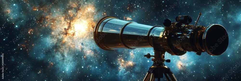 Telescope pointed at a vibrant star filled galaxy in a dark sky. Telescope pointed at a vibrant star filled galaxy in a dark sky.