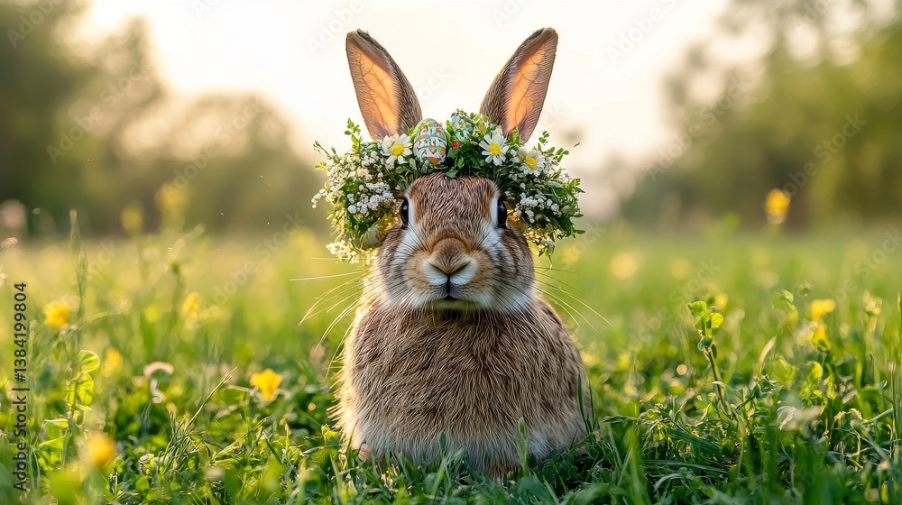 Obraz premium A brown rabbit wearing a floral crown sits in green grass
