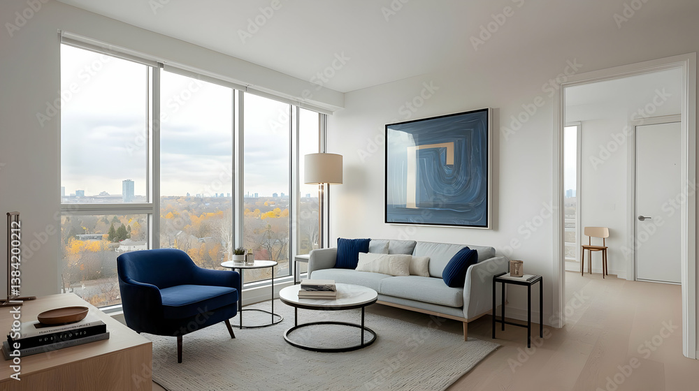 Fototapeta premium Modern Urban Apartment Living Room With City View