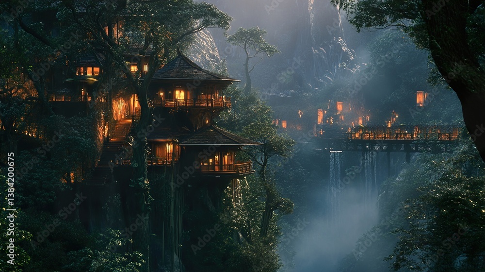 Fototapeta premium Enchanted Treehouse Resort: A Dream Vacation in Lush Jungle