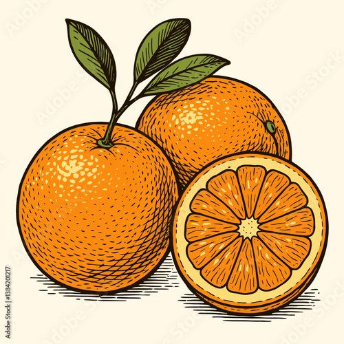 Arrangement of Fresh Oranges with a Slice and Green Leaves