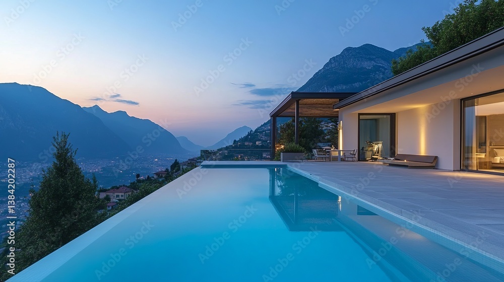 Fototapeta premium Luxury Modern Villa Infinity Pool Mountain View Evening Sunset Dramatic Skylines Stunning Architecture Design Home Real Estate Property Peaceful