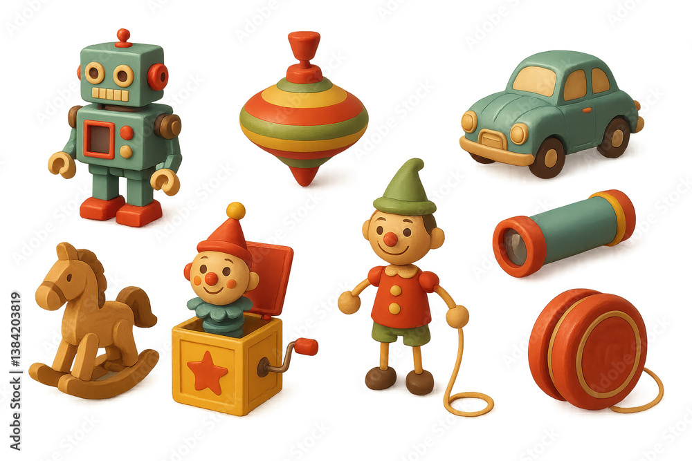 Retro toy collection. 3d icons featuring robot, spinning top, and more