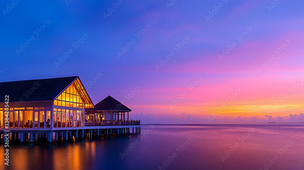 Obraz premium Luxury Water Restaurant Maldives Sunset Panorama
