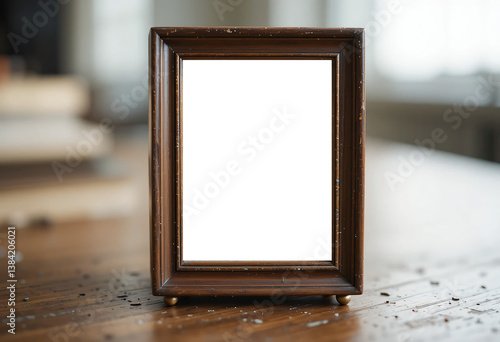 Emotional Storytelling, A Small Empty Frame on Vintage Wooden Table, Representing Fleeting Memories
