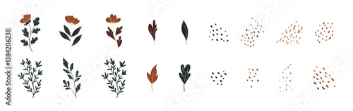 Botanical doodle background art vector set. Flower and leaves abstract shape doodle art design for print, wallpaper, clipart.