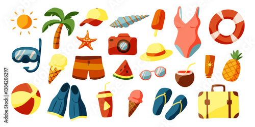 A collection of beach items including a swimsuit, sunglasses, a hat, a camera, a suitcase, a ball, and a pineapple