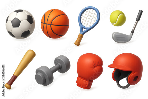 3d sports icons collection. soccer, basketball, tennis, golf, baseball, fitness, boxing, helmet