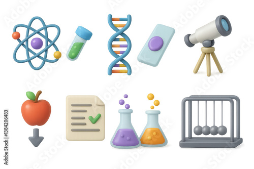 Scientific discovery icons. 3d atom, dna, microscope, telescope, and more