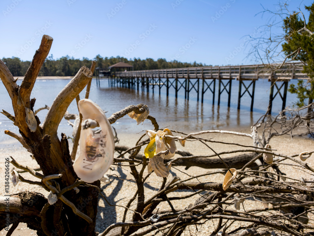 Sea shells hang as a monument to love and peace in Vereen Memorial Garden in Little River, South Carolina