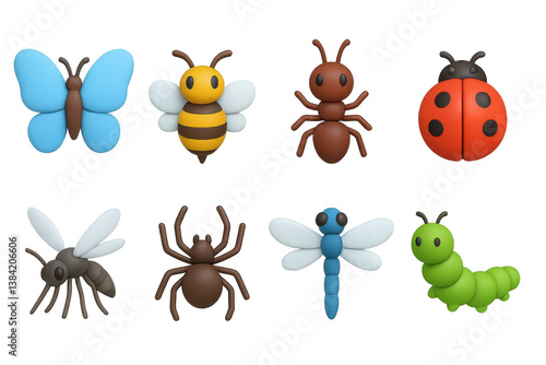 3d insect icons: butterfly, bee, ant, ladybug, mosquito, spider, dragonfly, caterpillar