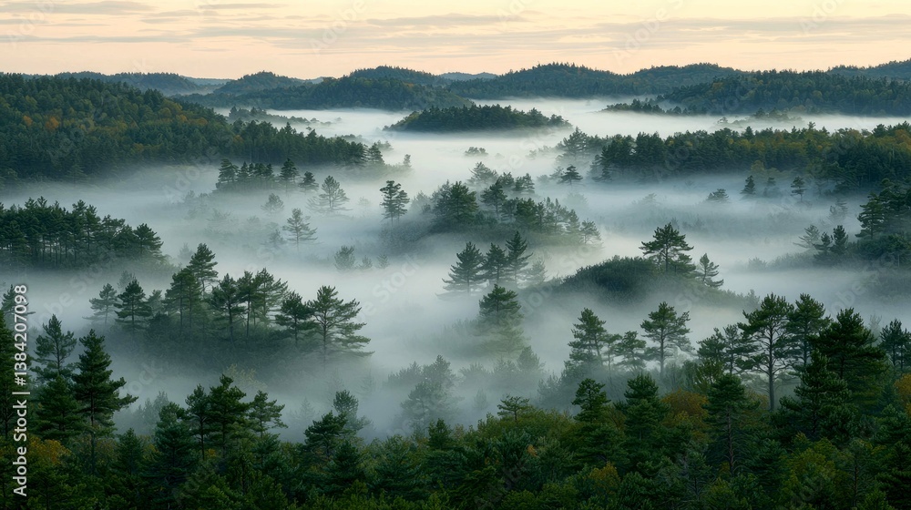 Fototapeta premium Misty Morning in the Forest: A Breathtaking Panoramic Landscape