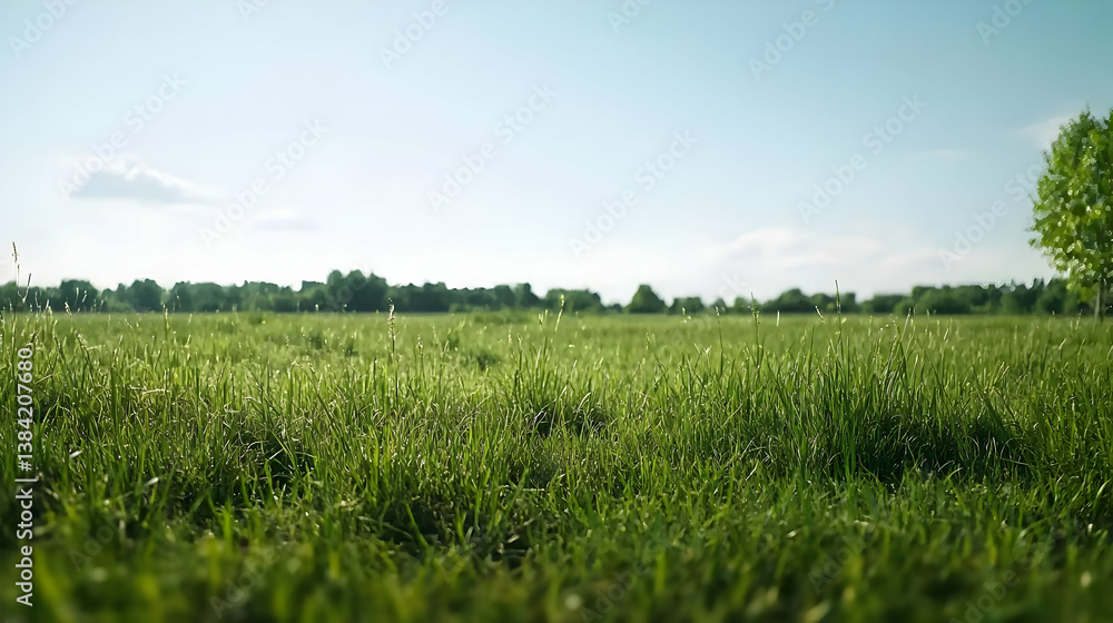 Fototapeta premium Green Grass Meadow Under Sunny Daylight