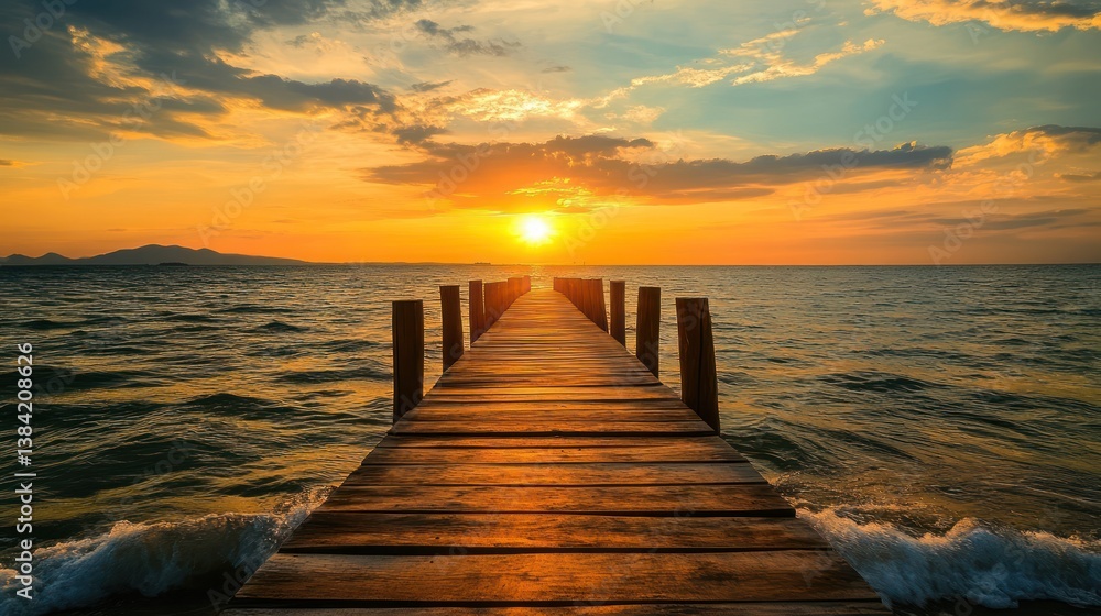Obraz premium Sunset pier ocean waves tranquil beach landscape travel
