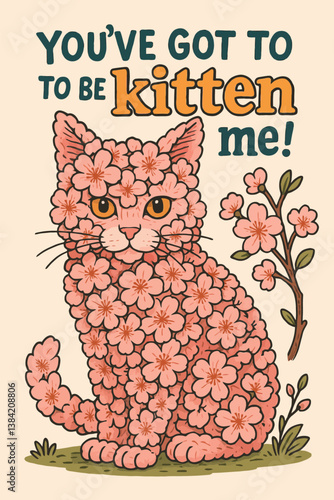 Floral Cat with Blooming Branch Cute Animal Graphic Art Illustration
