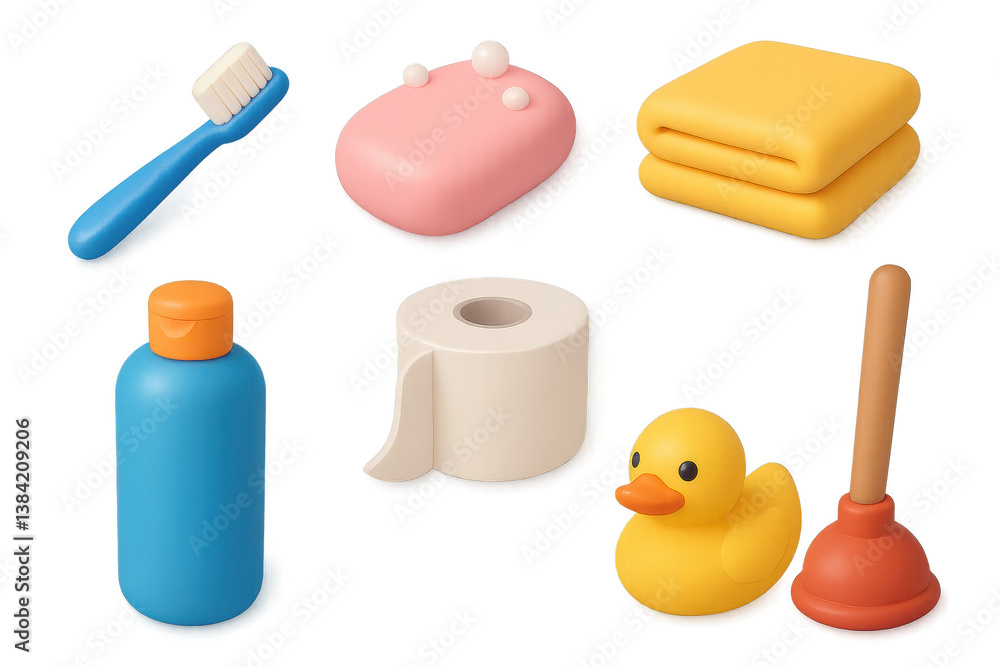 custom made wallpaper toronto digitalBathroom essentials: 3d icons featuring toothbrush, soap, towel, toilet paper, rubber duck, more