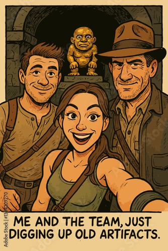 Taking Selfie with Team in Cave Finding Old Artifact Illustration