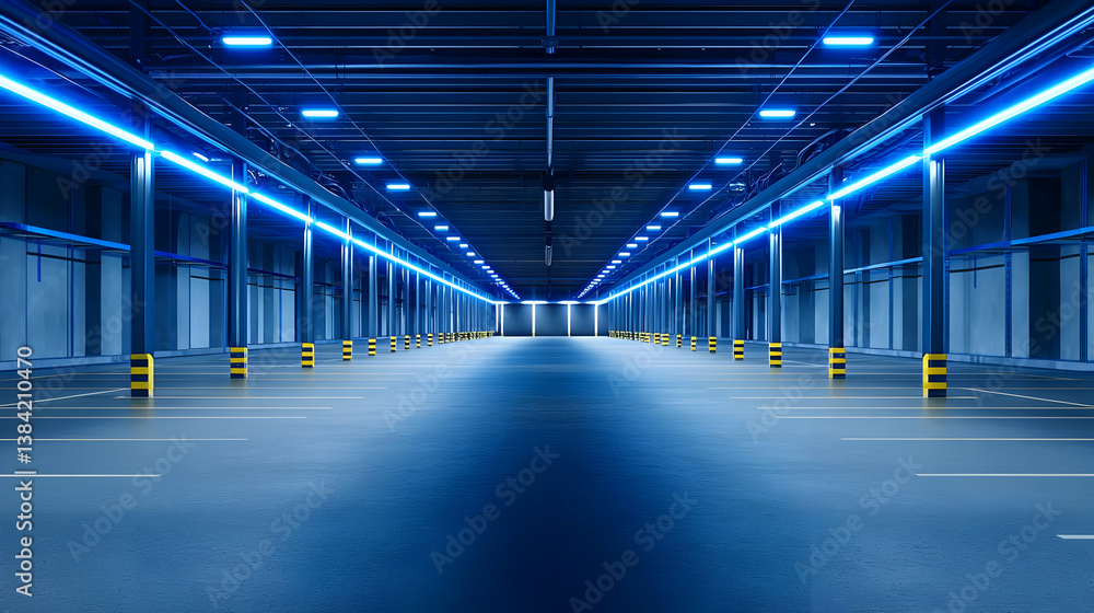 Fototapeta premium Empty Underground Parking Garage Illuminated With Blue Lights