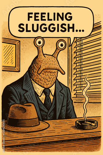 Snail Character in Business Suit Feeling Sluggish at Office